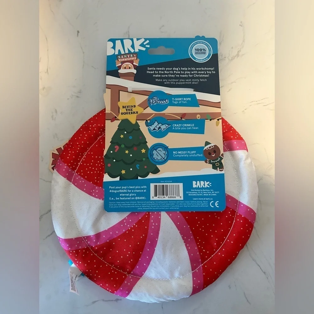 BARK Holiday Santas Workchomp Peppermint Fetch Dog Plush Toy, All dog sizes- Nwt